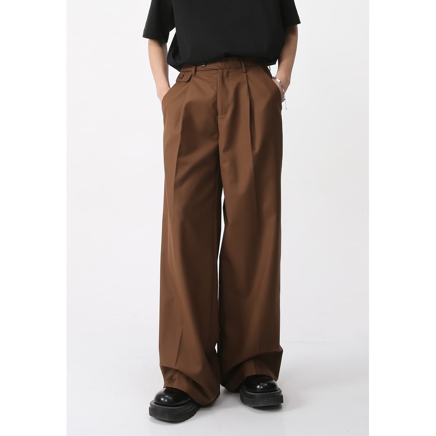 タックワイドパンツ ゆったりタックストレッチパンツ