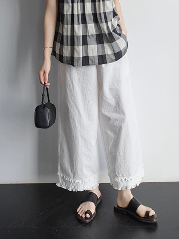 タックワイドパンツ 裾フリル ゆったりタック入りパンツ