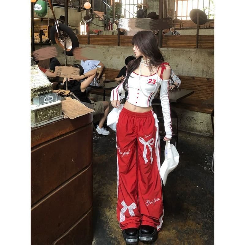 タックワイドパンツ リボン飾り ワイドデニム ストレートパンツ レディース