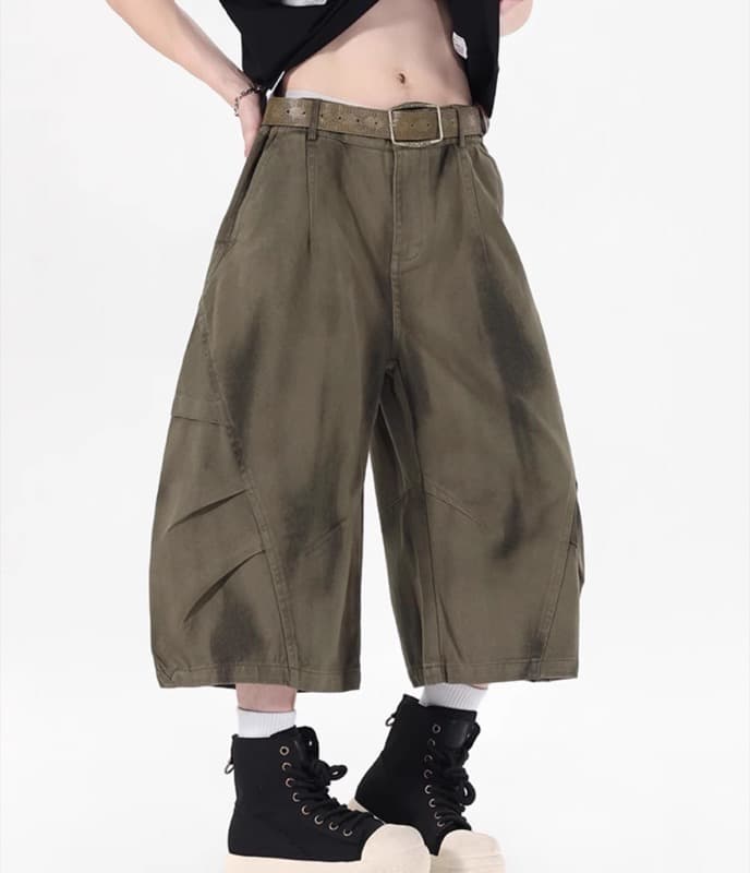 タックワイドパンツ デニム風 ワイド カーゴパンツ 7分丈 メンズ