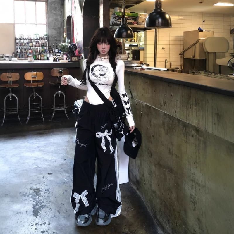 タックワイドパンツ リボン飾り ワイドデニム ストレートパンツ レディース