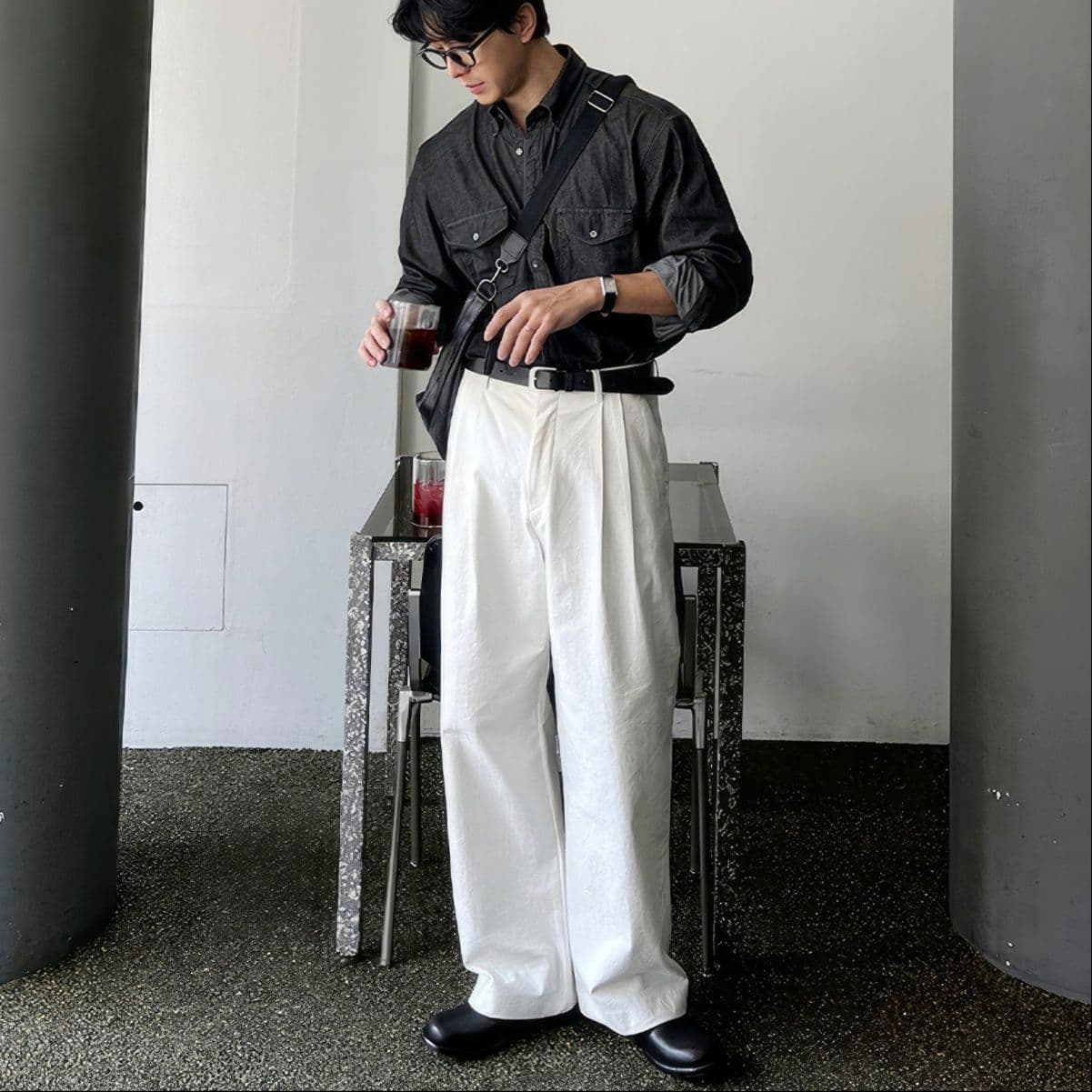 タックワイドパンツ ゆったり上質コットン風合いパンツ