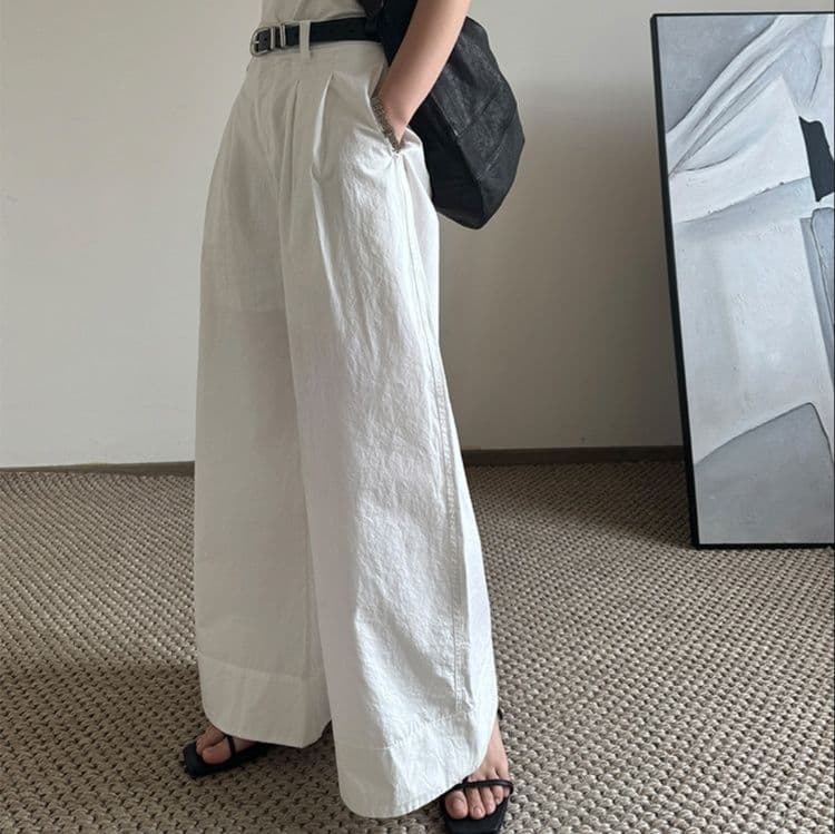 タックワイドパンツ 麻混フロントタックワイドパンツ
