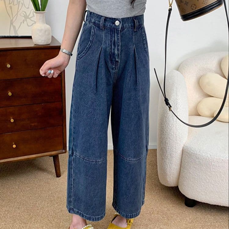 タックワイドパンツ 立体タックデニムゆったりパンツ