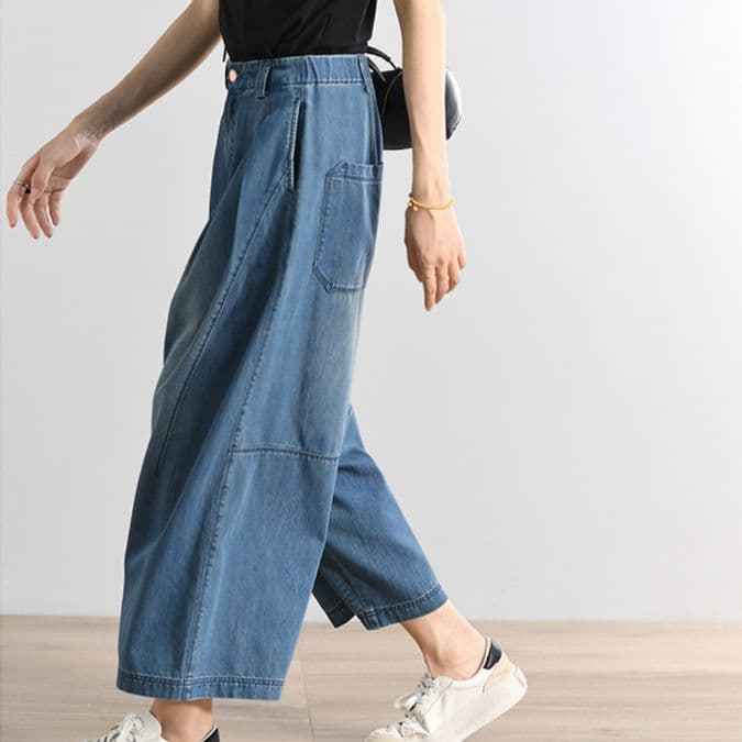 タックワイドパンツ ゆったりタック入りデニムワイドパンツ