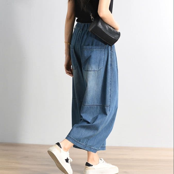 タックワイドパンツ ゆったりタック入りデニムワイドパンツ