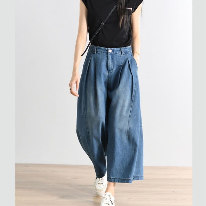 タックワイドパンツ ゆったりタック入りデニムワイドパンツ