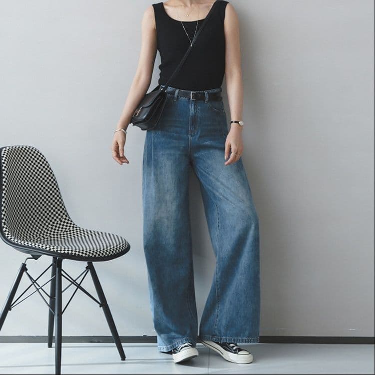 タックワイドパンツ ゆったりタック入りデニムパンツ