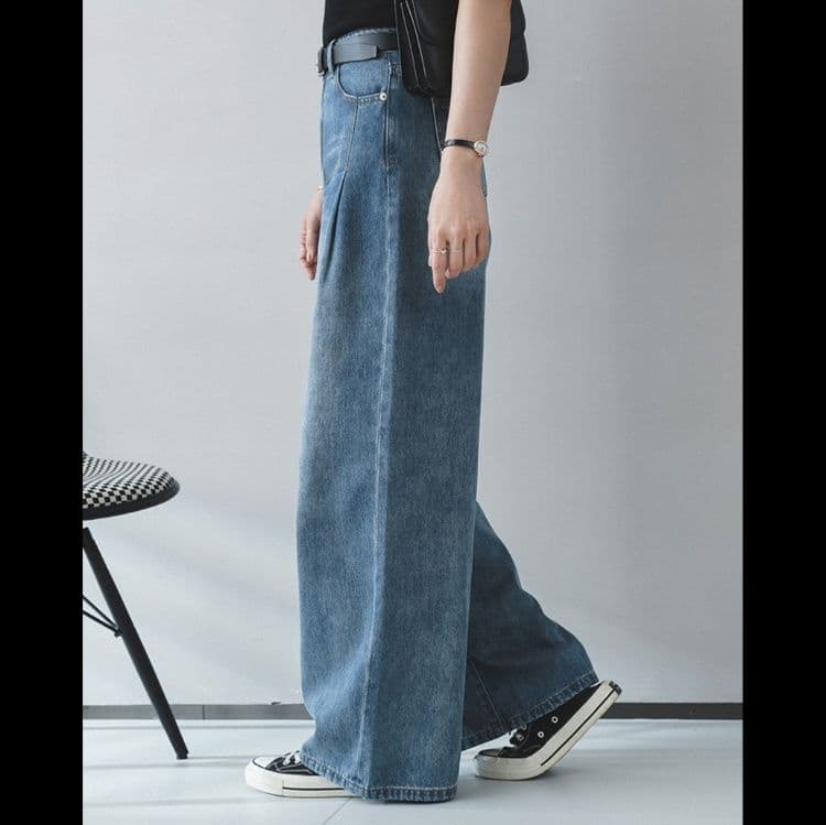 タックワイドパンツ ゆったりタック入りデニムパンツ