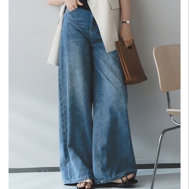 タックワイドパンツ ゆったりタック入りデニムパンツ