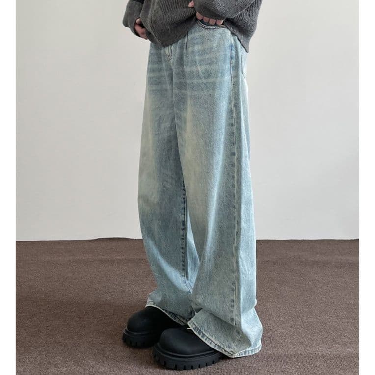 タックワイドパンツ ゆったりタック入りデニムパンツ