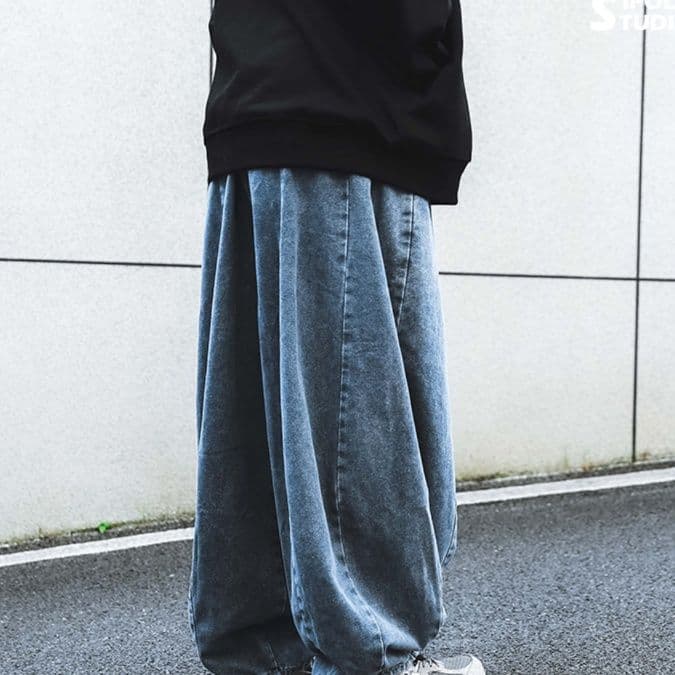 タックワイドパンツ ゆったり立体感デニムタックパンツ