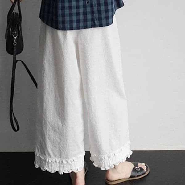 タックワイドパンツ 裾フリル ゆったりタック入りパンツ