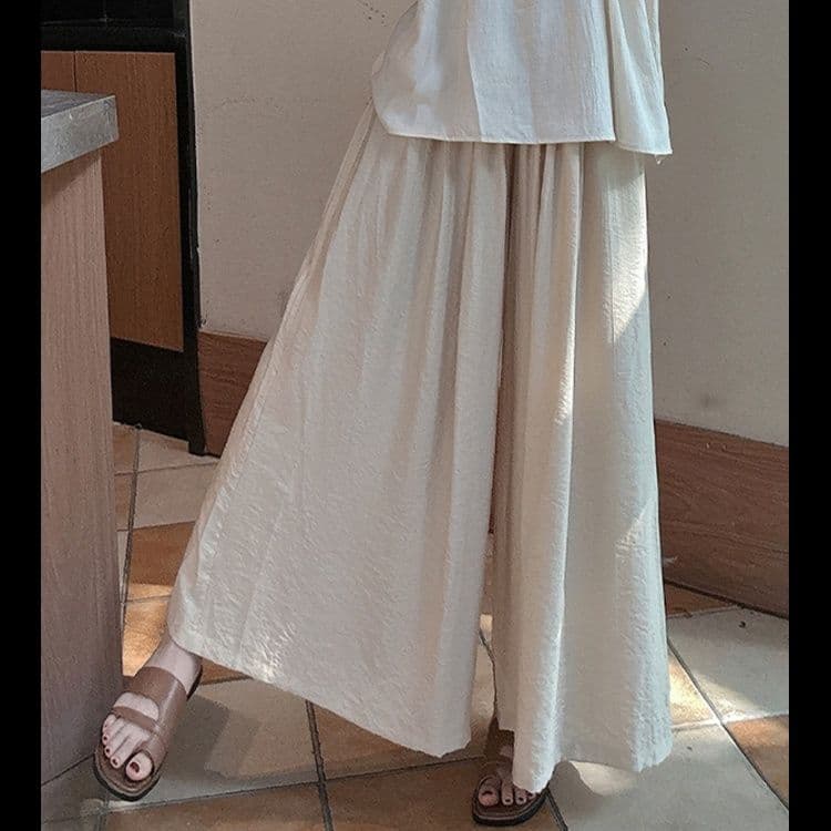 タックワイドパンツ リネン風ゆったりタックワイドパンツ