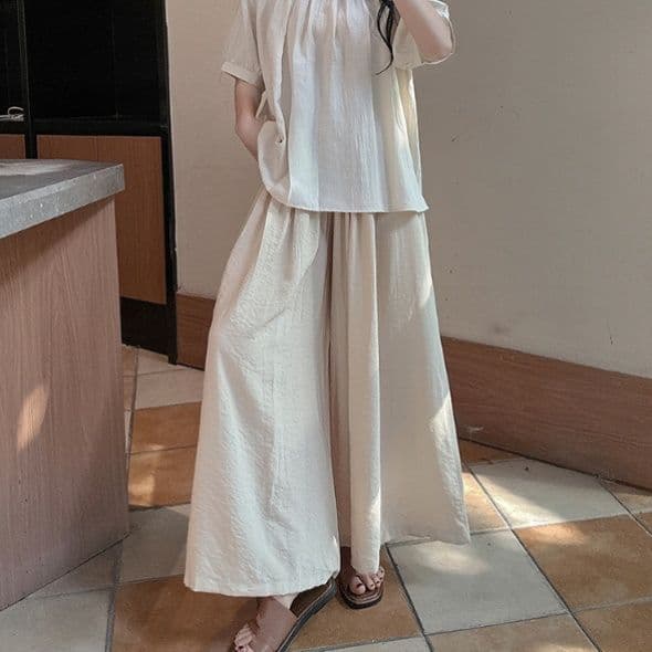 タックワイドパンツ リネン風ゆったりタックワイドパンツ