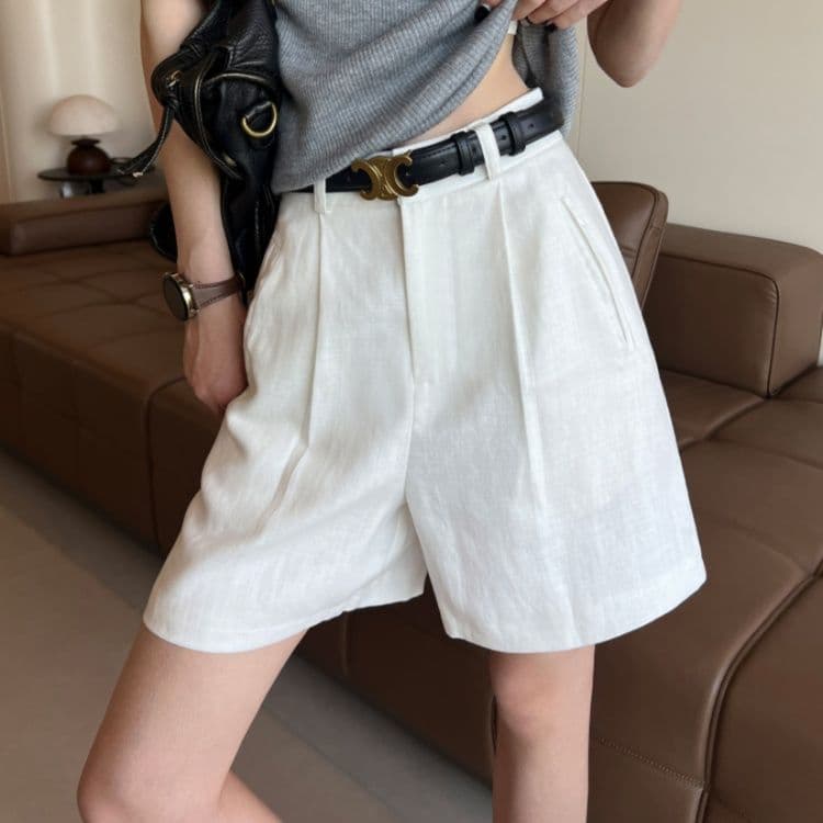 タックワイドパンツ リネン風タックハーフパンツ