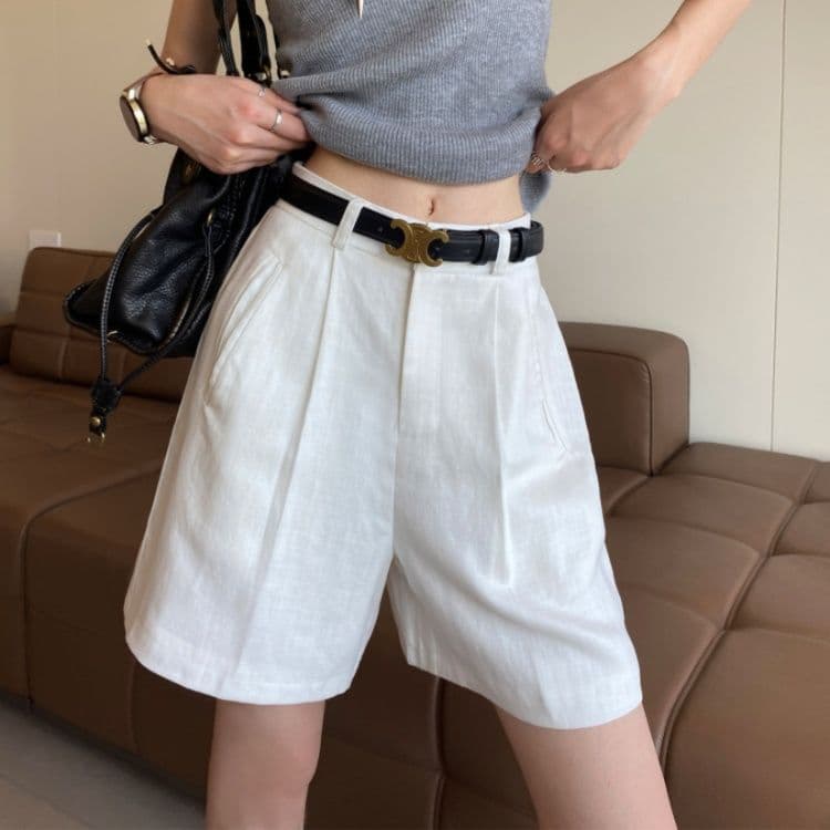 タックワイドパンツ リネン風タックハーフパンツ