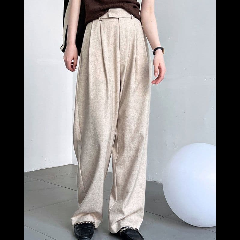 タックワイドパンツ リネン風しなやかタックパンツ