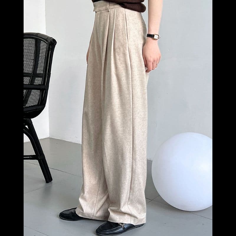 タックワイドパンツ リネン風しなやかタックパンツ