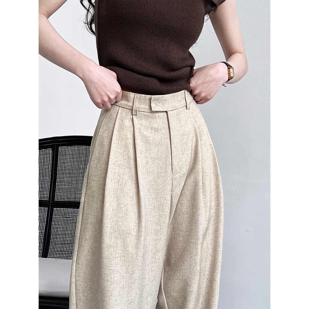タックワイドパンツ リネン風しなやかタックパンツ