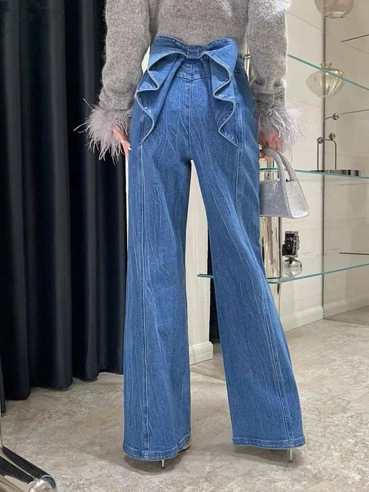 タックワイドパンツ バックリボンフレアデニムパンツ