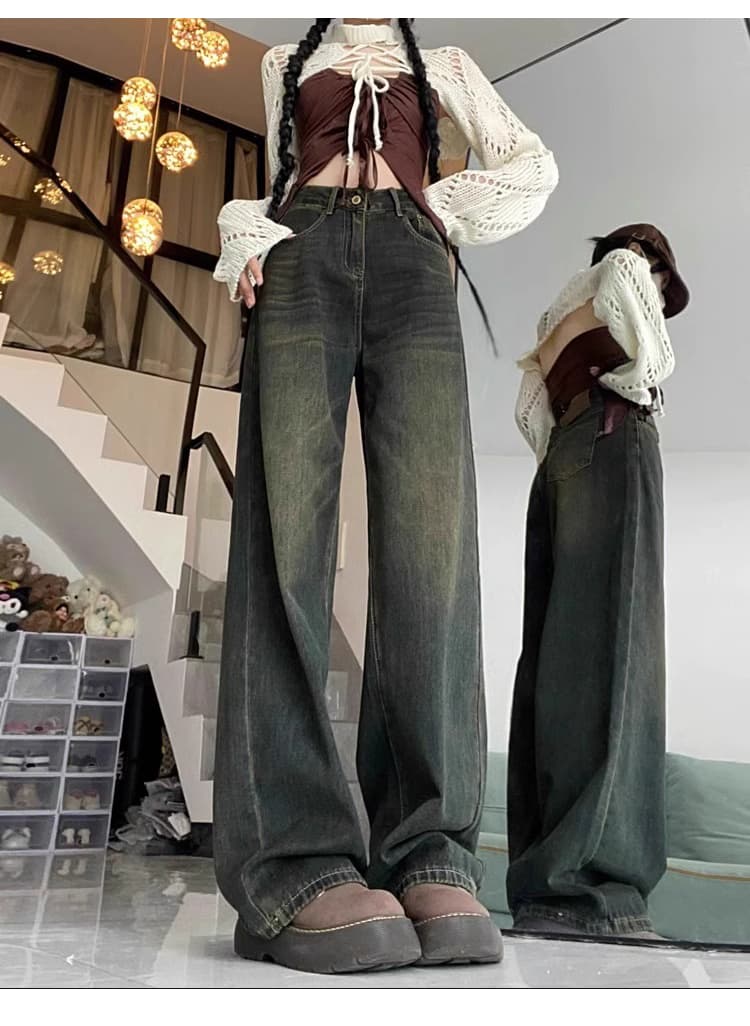 タックワイドパンツ すっきりシルエット ワイドデニムパンツ