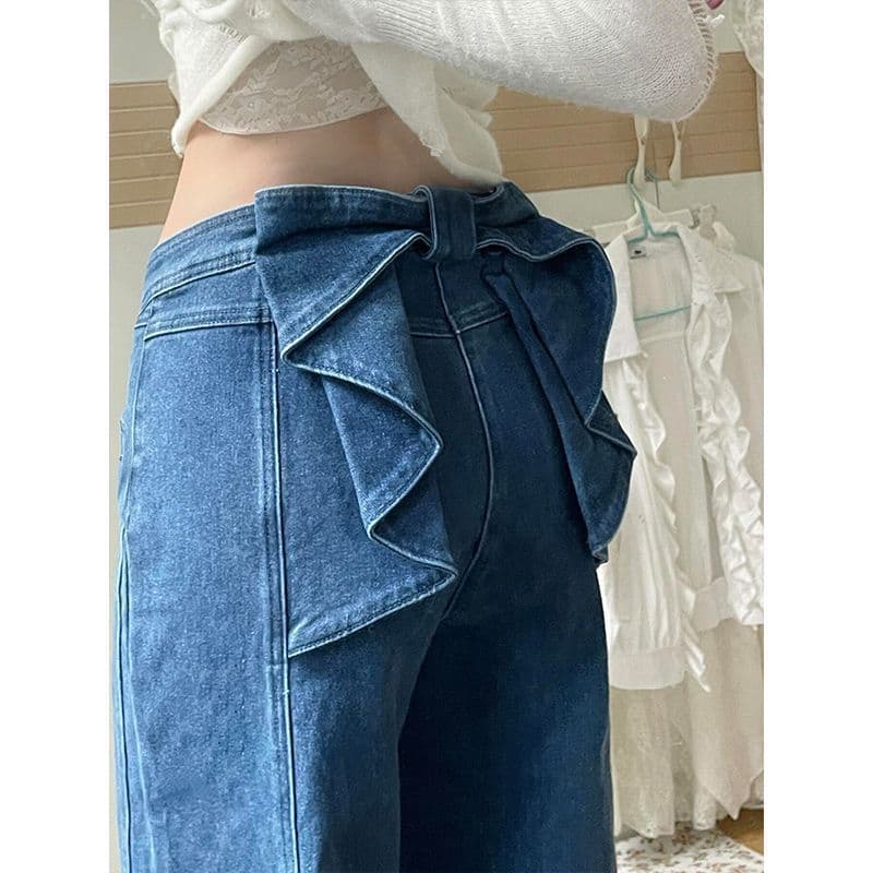 タックワイドパンツ バックリボンフレアデニムパンツ