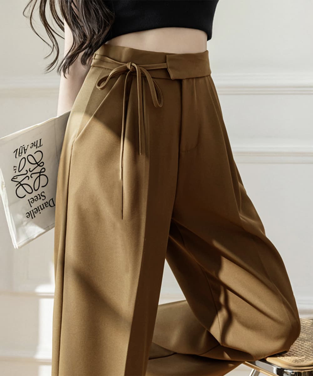 ハイウエストタックワイドパンツ リボン付き美脚スラックス