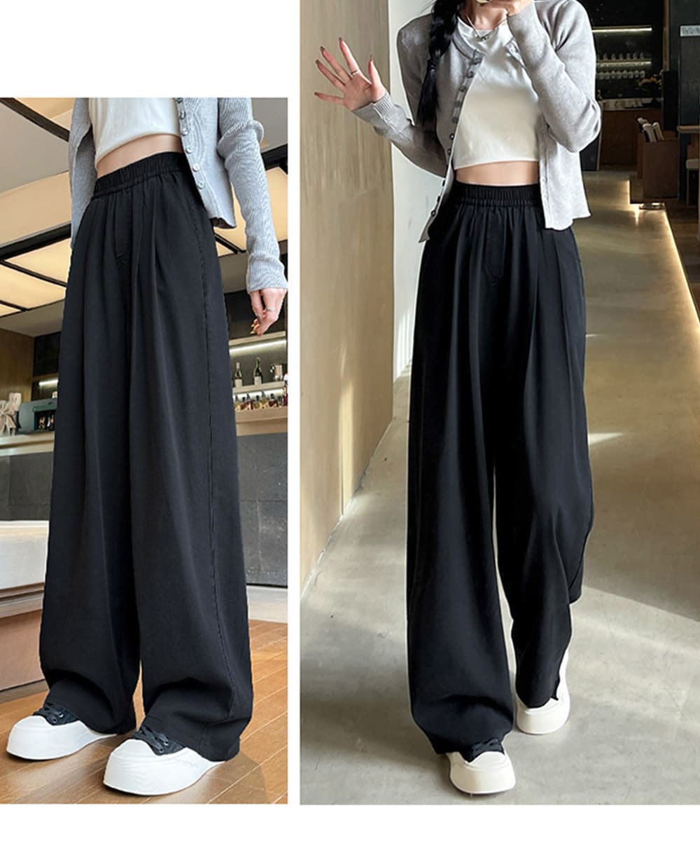 タックワイドパンツ 美脚効果 タック入りデニム風ワイドパンツ
