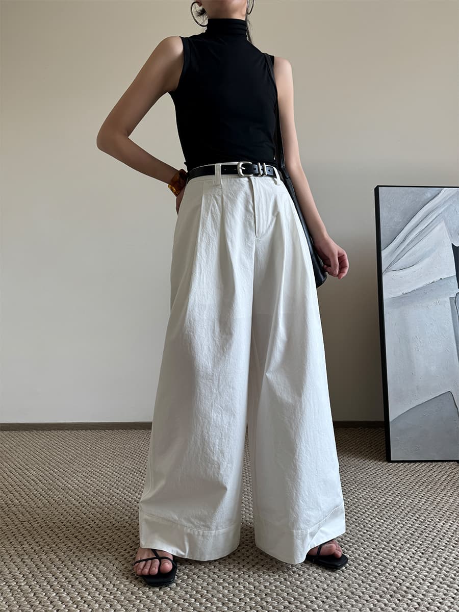 タックワイドパンツ 麻混フロントタックワイドパンツ