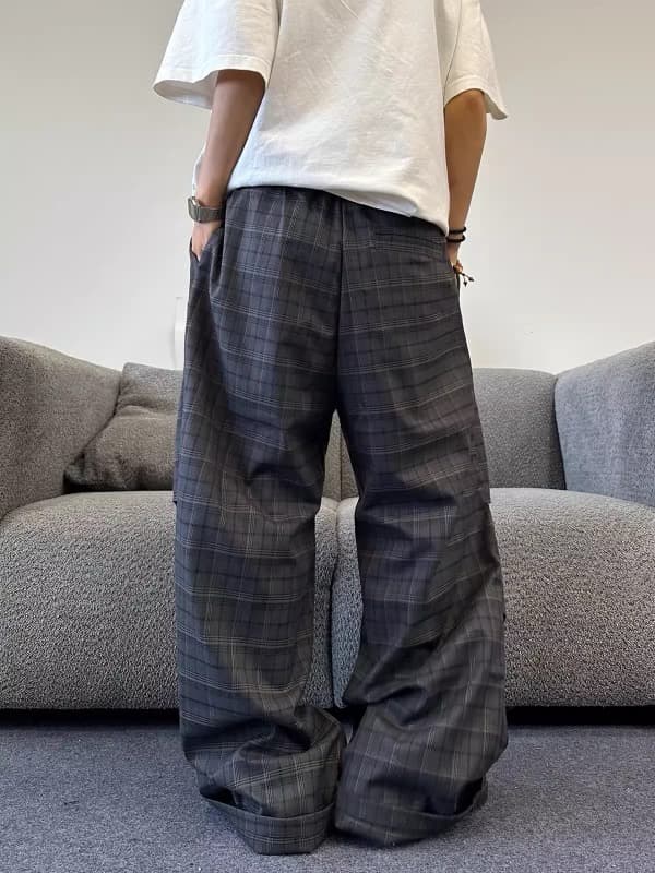 タックワイドパンツ 黒チェック柄 ワイドパンツ メンズ ゆったりタック