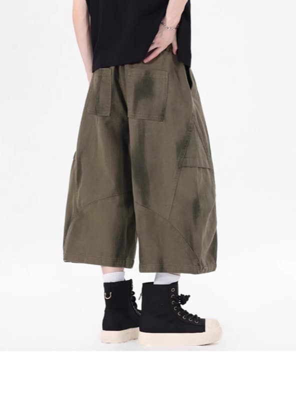 タックワイドパンツ デニム風 ワイド カーゴパンツ 7分丈 メンズ