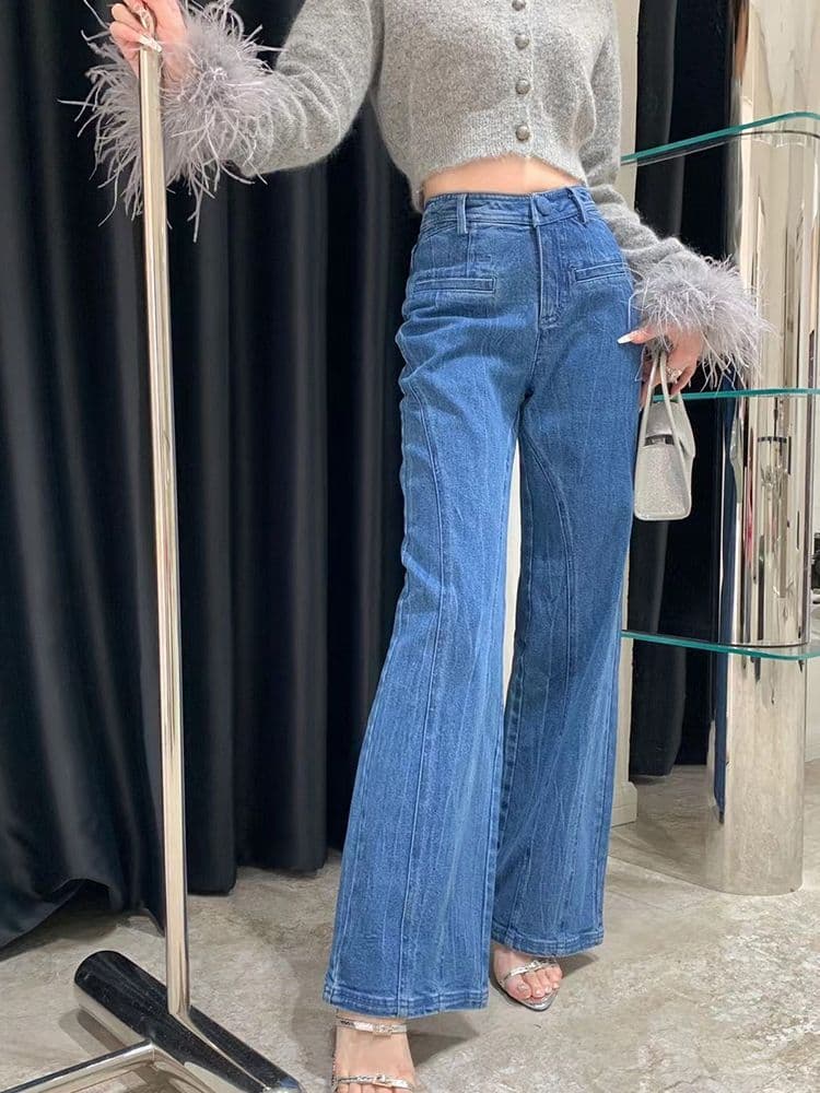 タックワイドパンツ バックリボンフレアデニムパンツ