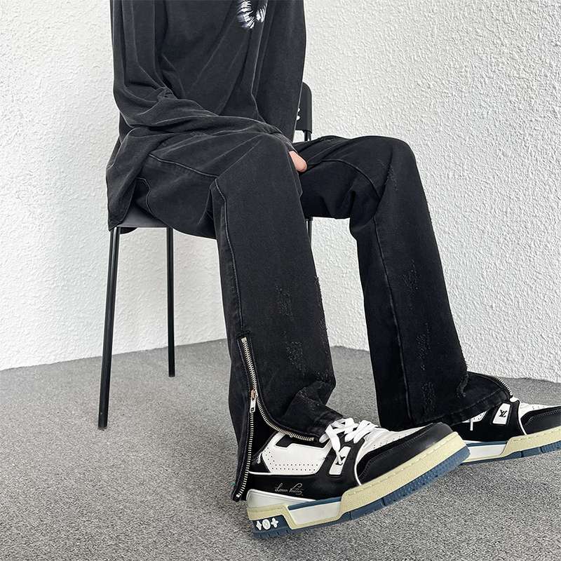 ジップデザインデニムタックワイドパンツ