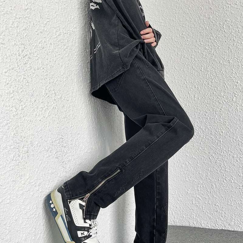 ジップデザインデニムタックワイドパンツ