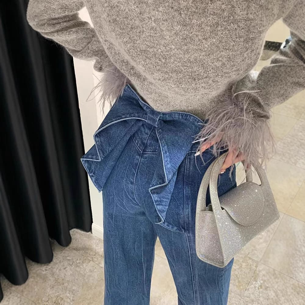 タックワイドパンツ バックリボンフレアデニムパンツ