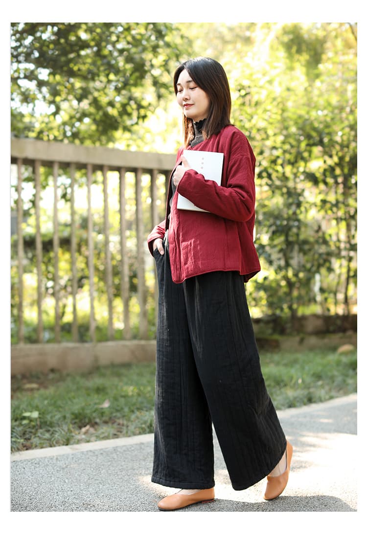 タックワイドパンツ キルティング加工リネンワイドパンツ