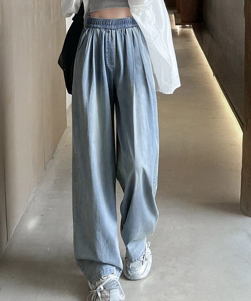 タックワイドパンツ 美脚効果 タック入りデニム風ワイドパンツ