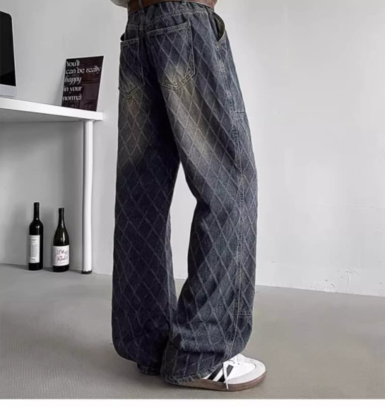 タックワイドパンツ 菱形柄 デニム ワイドパンツ タック入り メンズ