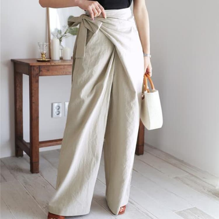 タックワイドパンツ 涼やか巻きリボンワイドパンツ