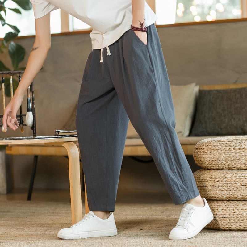 タックワイドパンツ ゆったりリネンタックパンツ