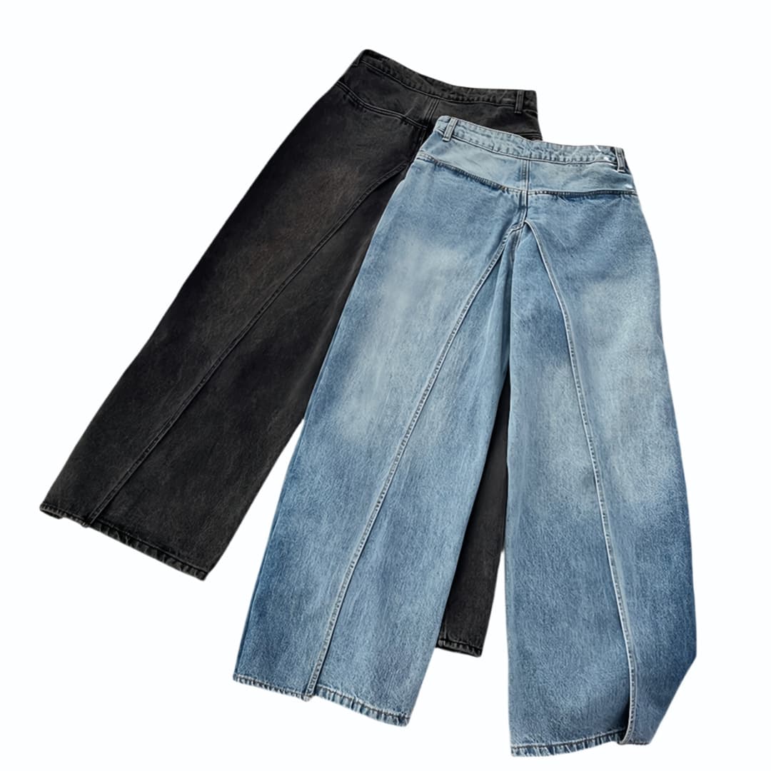 タックワイドパンツ デニムタック入りワイドストレートパンツ