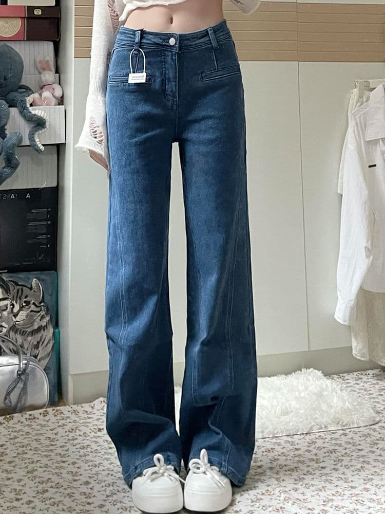 タックワイドパンツ バックリボンフレアデニムパンツ