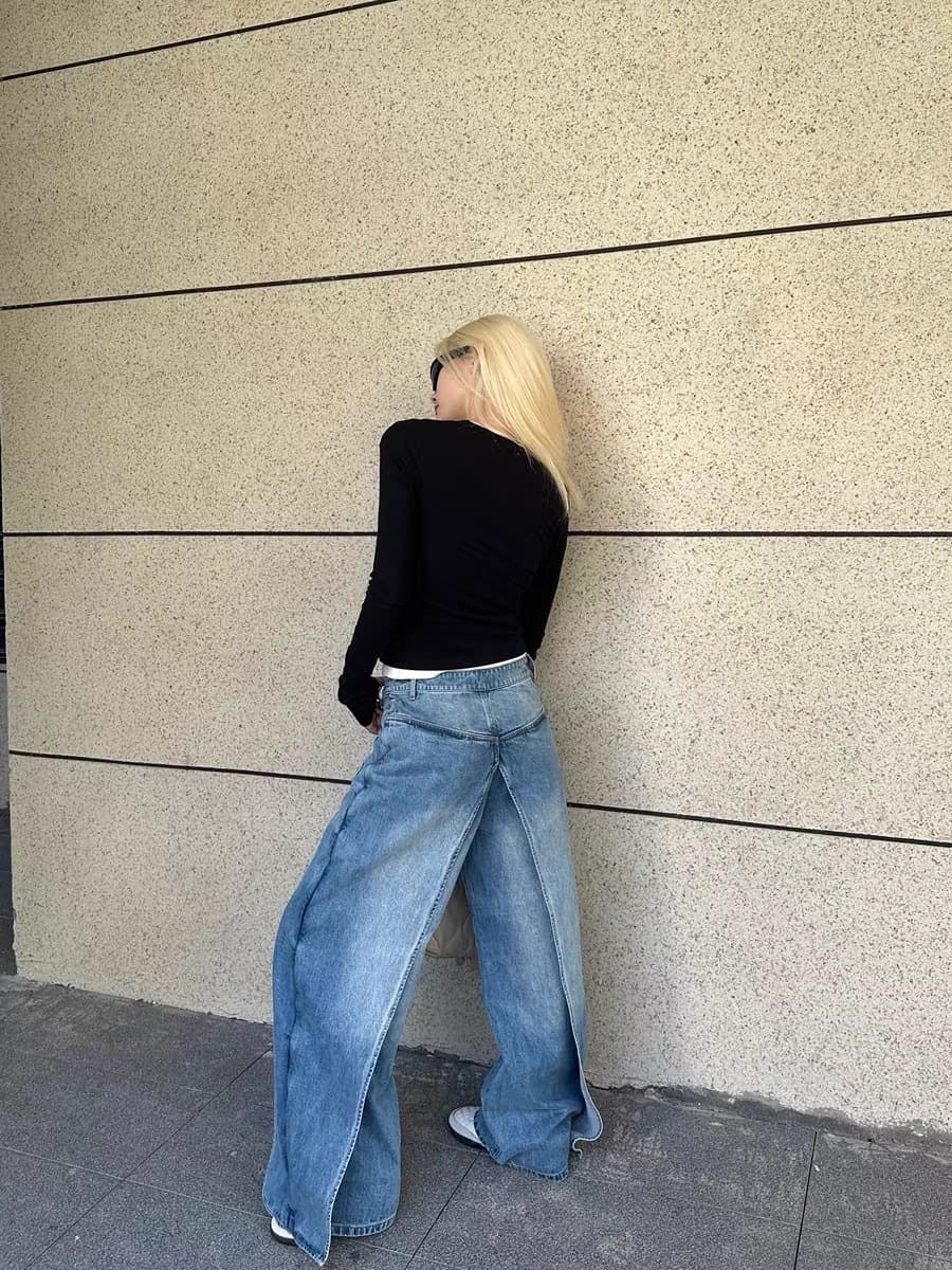 タックワイドパンツ デニムタック入りワイドストレートパンツ