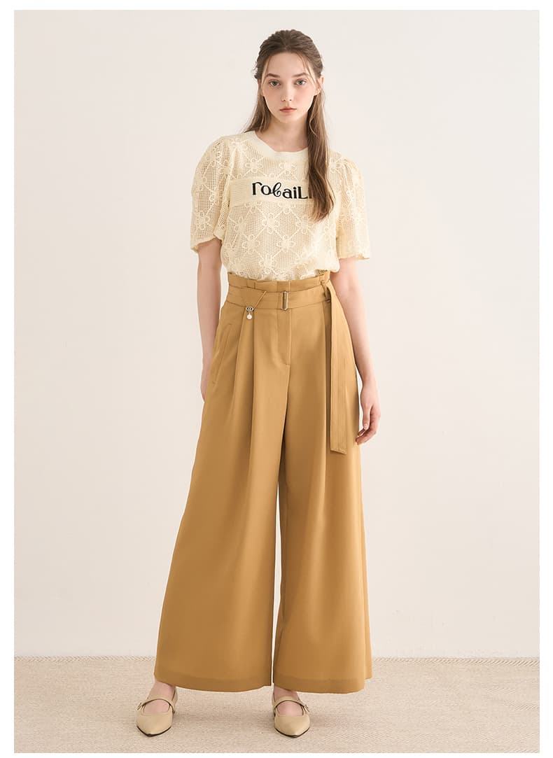 タックワイドパンツ リネン混ワイドタックベルトパンツ