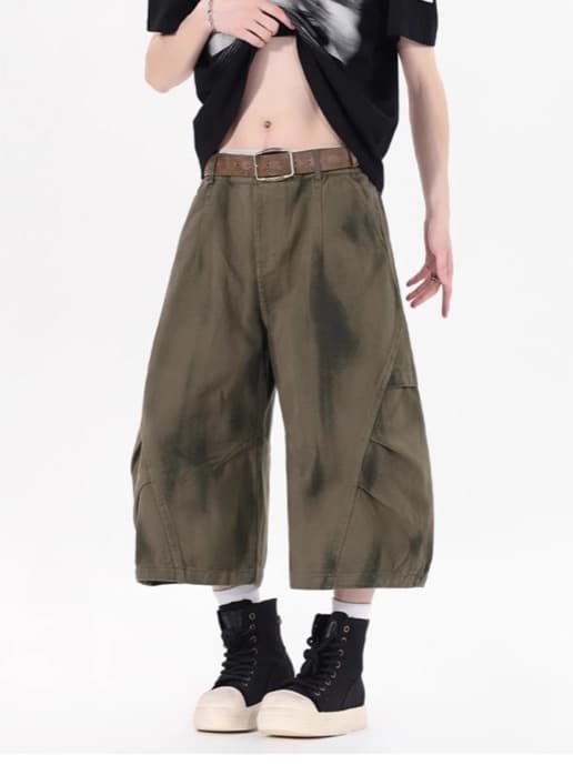 タックワイドパンツ デニム風 ワイド カーゴパンツ 7分丈 メンズ