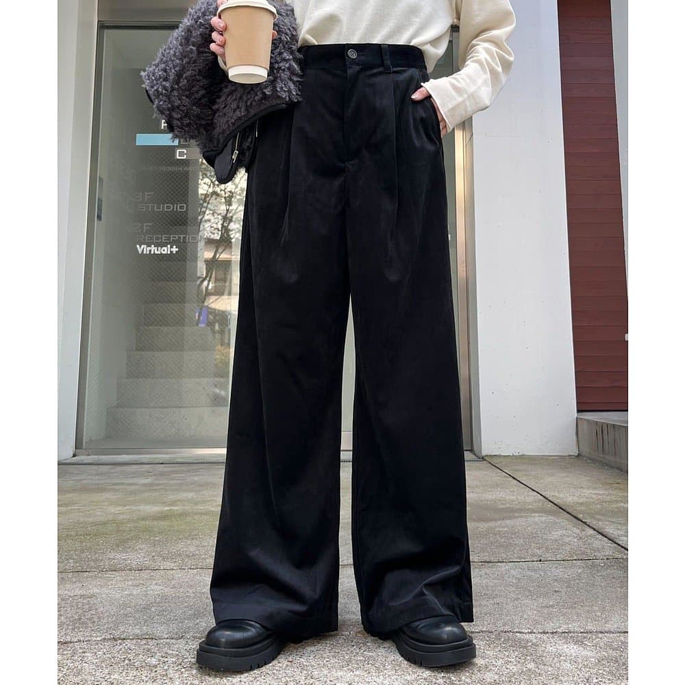 タックワイドパンツ リネン混ゆったりタックパンツ