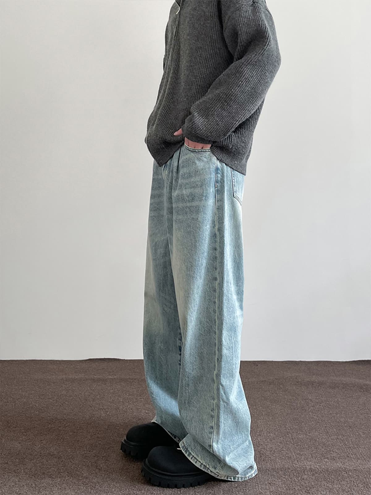 タックワイドパンツ ゆったりタック入りデニムパンツ