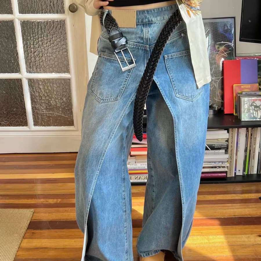 タックワイドパンツ デニムタック入りワイドストレートパンツ