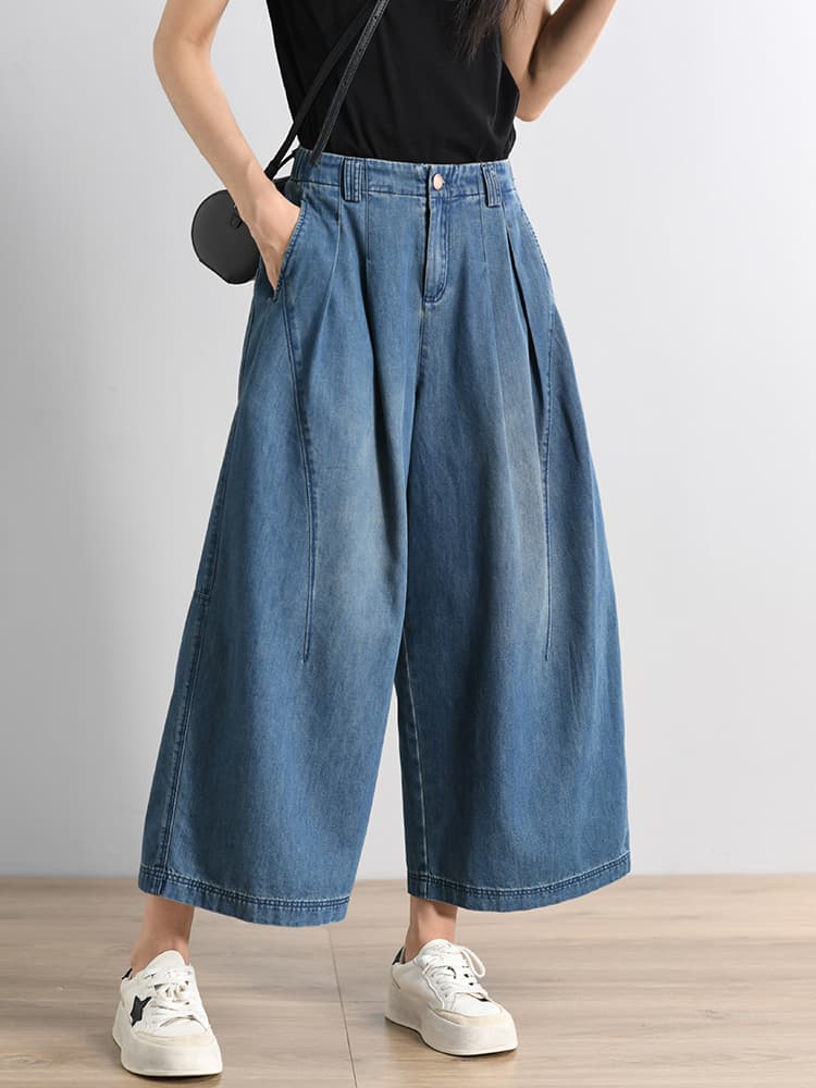 タックワイドパンツ ゆったりタック入りデニムワイドパンツ